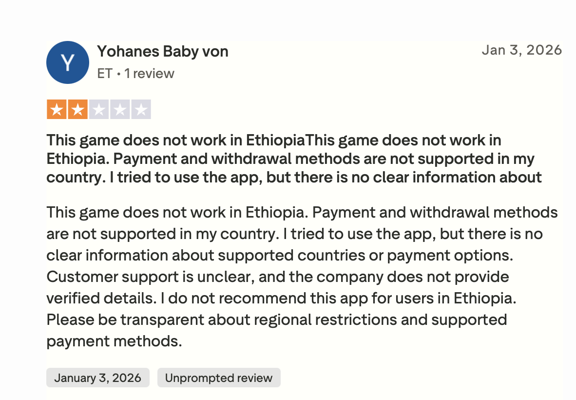 Chicken Road 2 Erfahrung von Yohanes Baby von auf Trustpilot — 2-Sterne-Bewertung vom 3. Januar 2026 über regionale Einschränkungen und fehlende Zahlungsmethoden in Äthiopien