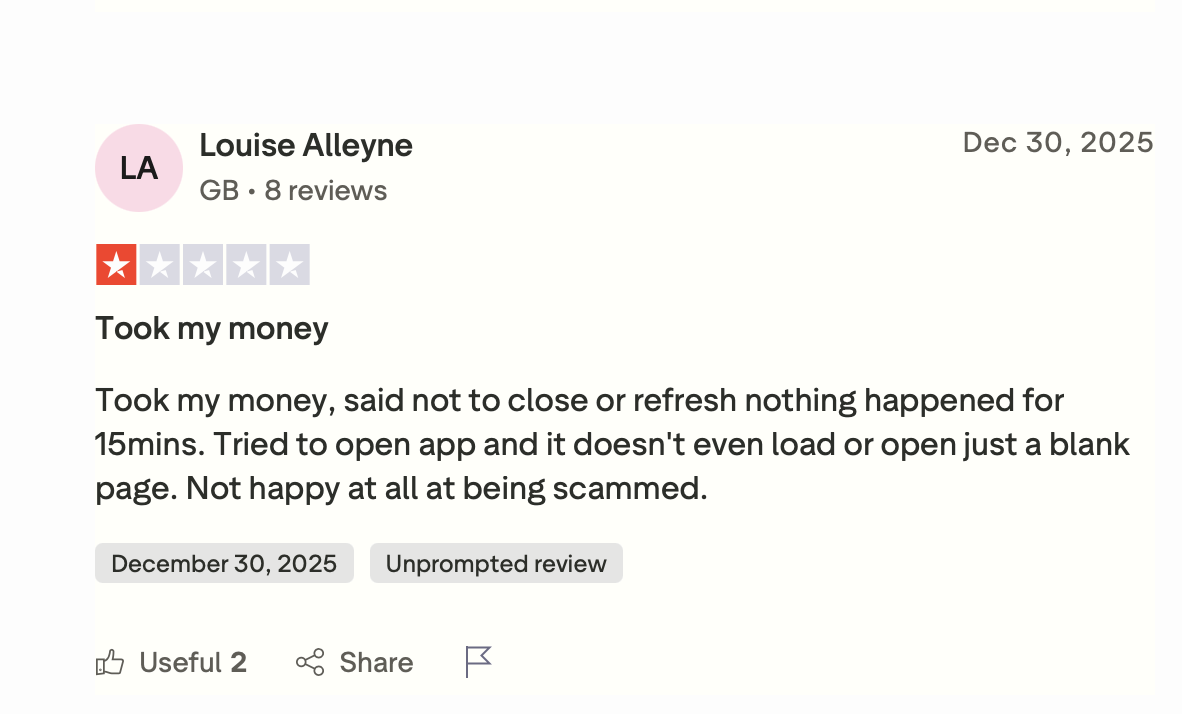 Chicken Road 2 Erfahrung von Louise Alleyne aus Großbritannien auf Trustpilot — 1-Stern-Bewertung vom 30. Dezember 2025 mit dem Titel Took my money über Auszahlungs- und App-Probleme