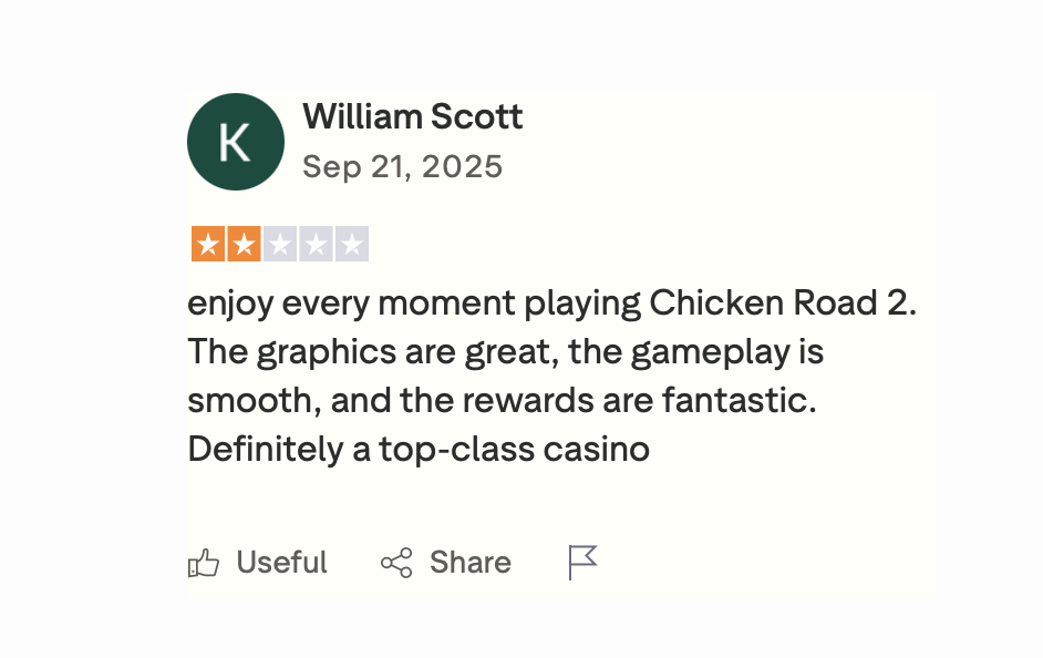 Chicken Road 2 Erfahrung von William Scott auf Trustpilot — positive Bewertung mit 2 Sternen vom 21. September 2025 zum Chicken Road 2 Slot