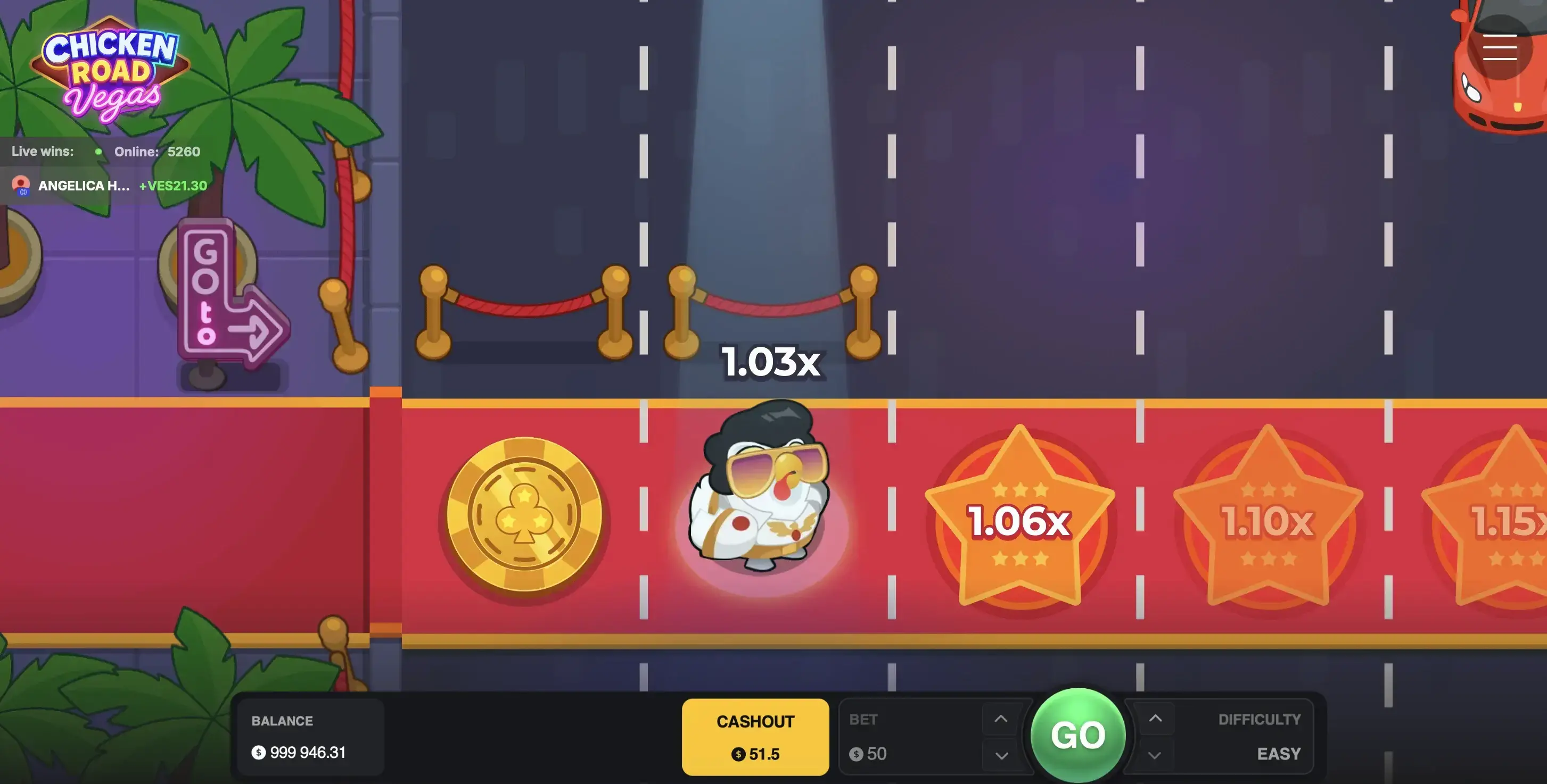 Chicken Road Vegas Gameplay — Elvis-Hähnchen auf rotem Teppich, Multiplikatoren als Sterne, Vegas-Boulevard